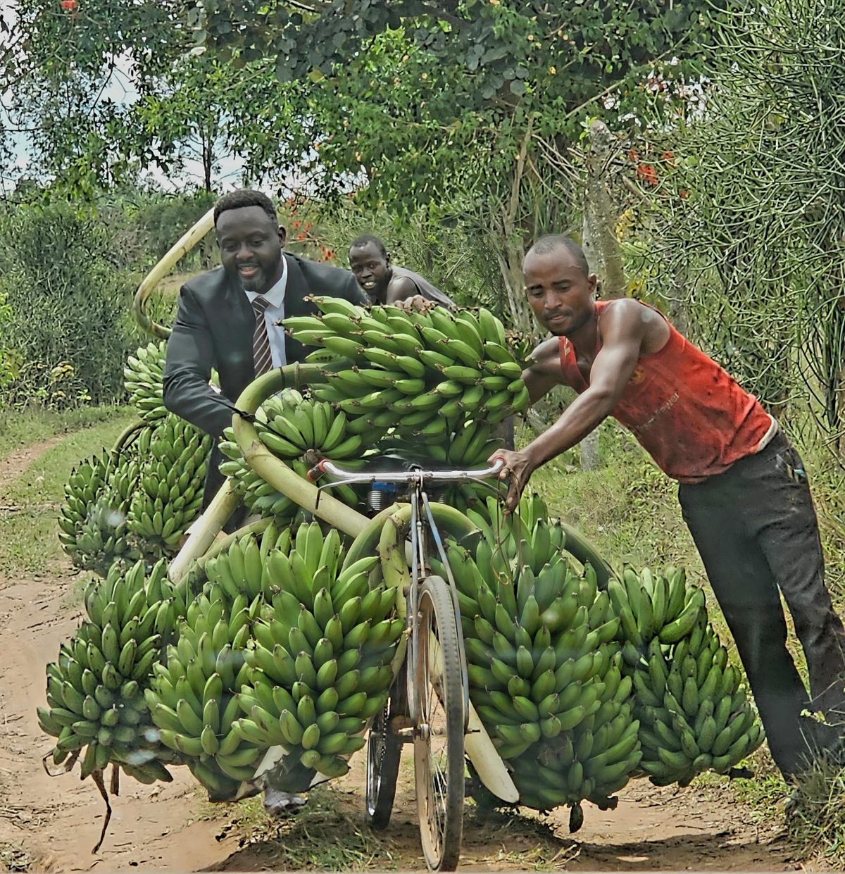 Edmund on the road with banana farmers
